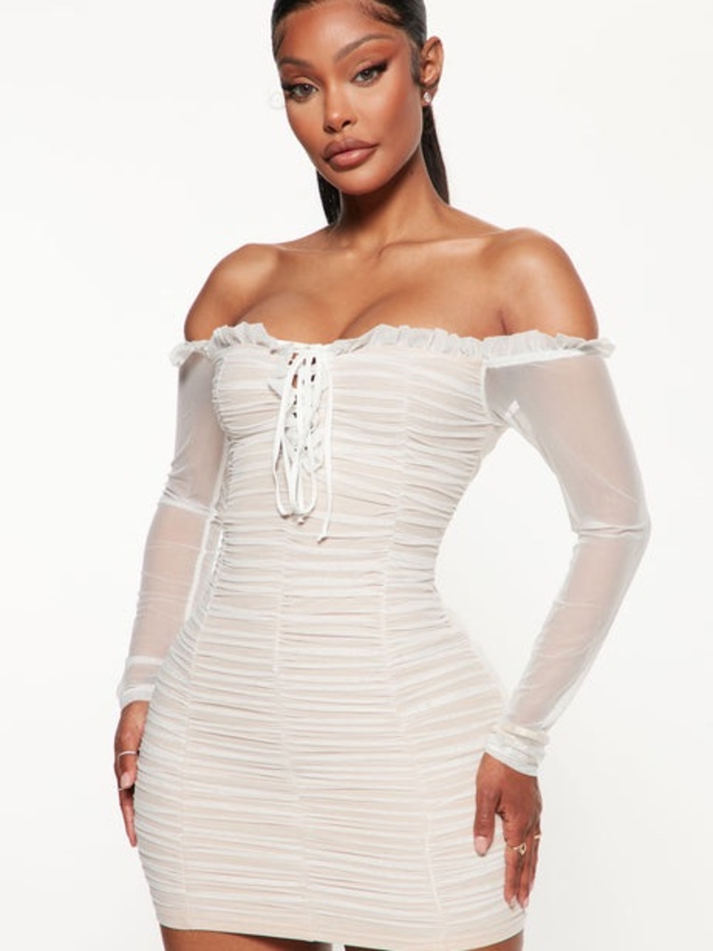 Fashion Nova Maura Mesh Black Sheer Ruffled Off-Shoulder Dress Size Large